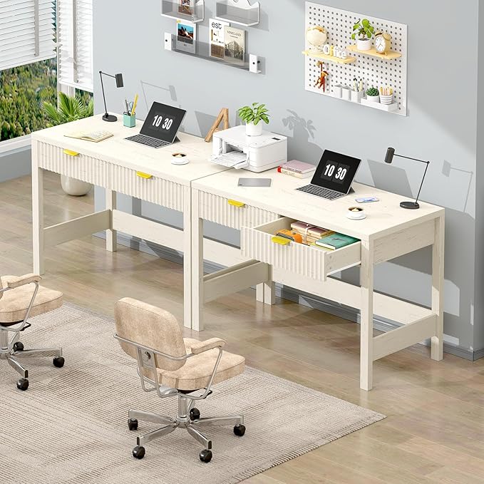 Fluted Computer Desk with 2 Drawers 39 Inch Small Computer Desk with Storage Compact Writing Study Vanity Desk for Small Spaces White