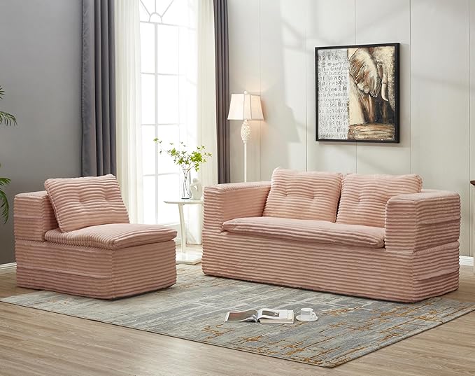 2 Pieces Sofa and Loveseat Set 80'' King Size Folding Sofa Bed with Chaise Lounge 2-in-1 Convertible Floor Sofa Bed Corduroy Boneless Couch Memory Foam Couches for Living Room Pink