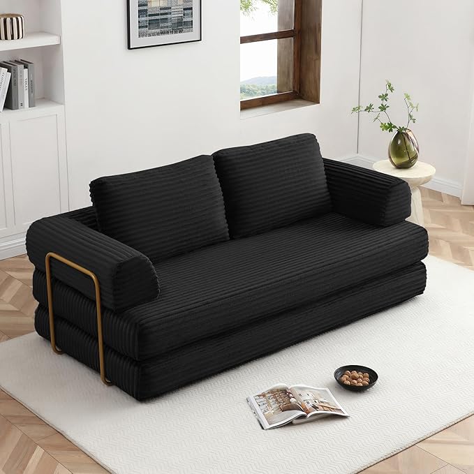80 Convertible Sofa Bed Modern Corduroy Sleeper Sofa Folding Floor Couch with Golden Fixed-Shape Frame Black Boneless Loveseat Sofas Bed for Living Room Bedroom No Assembly Needed