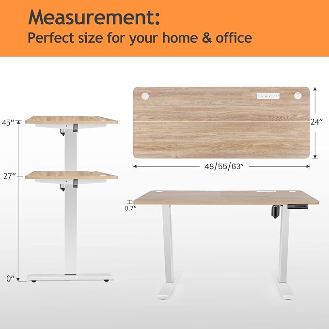 Electric Standing Adjustable Height Desk 48'' x 24''Sit Stand Desk with Charging Station 2 USB Ports 3 Power Outlets 27''-46'' Lifting Range Computer Workstations(Oak)