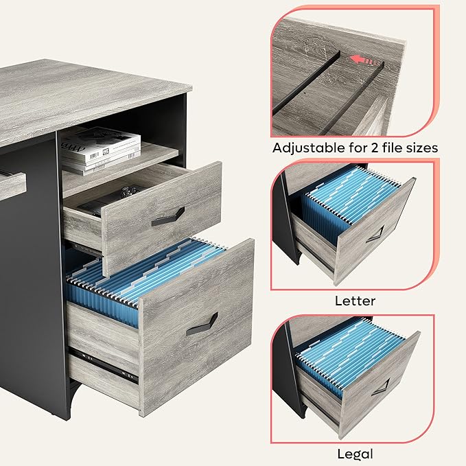 Bestier Office Desk with Drawers 55 inch Industrial Computer Desk with Storage Wood Teacher Desk with Keyboard Tray &amp File Drawer for Home Office Light Gray Oak