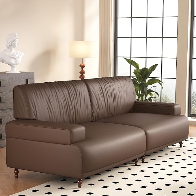 86.41 Mid-Century Modern Leather 3-Seater Couch Comfortable Sofa with Solid Wood Legs and Frame for Living Room Bedroom Apartment and OfficeBrown