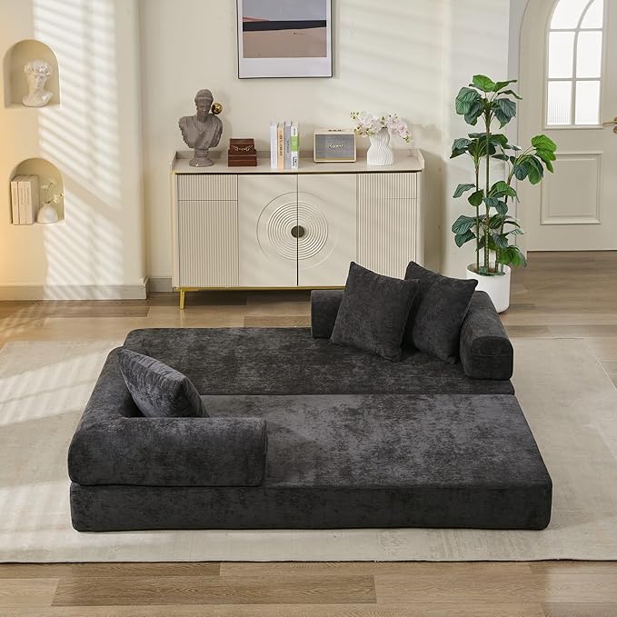 3 in 1 Convertible Futon Sofa Bed Modern King Size Chenille Loveseat Sleeper Sofa Folding 3-Seater Foldable Lounger Couch Bed for Living Room Bedroom Guest Room (Black 3 Throw Pillows)