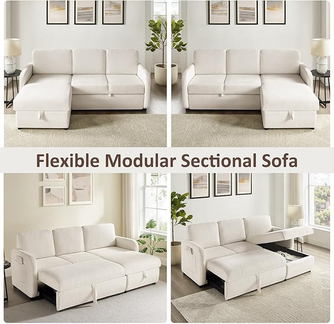84-inch Sleeper Sofa Bed L-Shaped Corner Reversible Sleeper Sectional Sofa with Storage Chaise 2 in 1 Cloud Terry Convertible Pull Out Couch for Small Space Bedroom Apartment Office Living Room