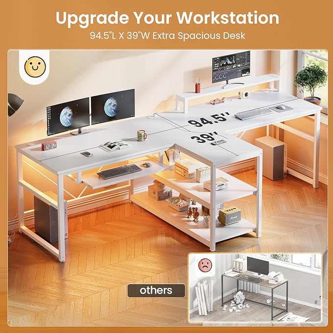 SEDETA 94.5 White Computer Desk Two Person Gaming Desk with LED Light Keyboard Tray Power Strip with USB Monitor Shelf &amp Storage Extra Long Double Desk for Home Office White