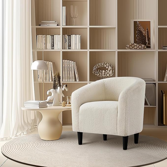 Yaheetech Accent Barrel Chair Boucle Fabric Club Chair Furry Sherpa Elegant Armchair with Cozy Soft Padded Suitable for Living Room Bedroom Reception Room Office Ivory