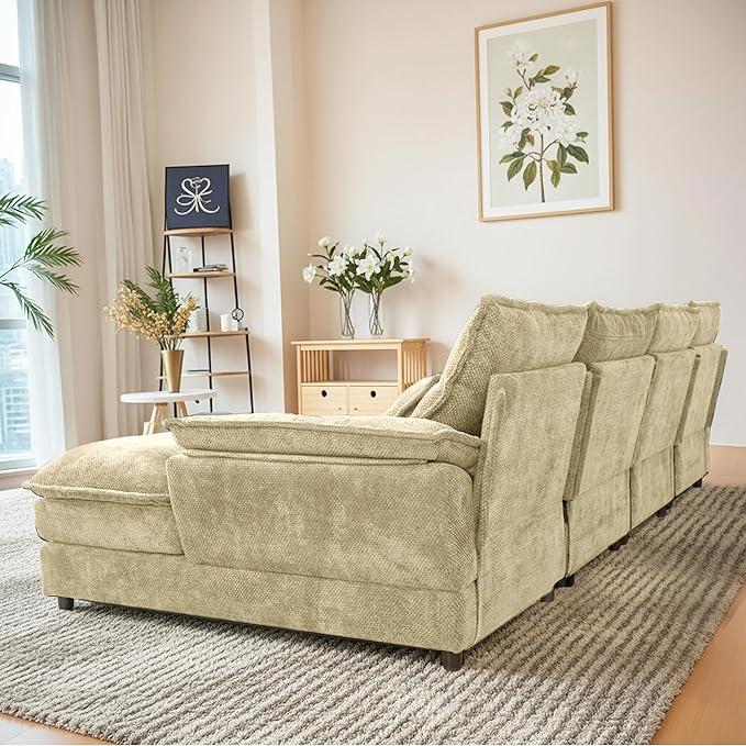 110 U Shape Sectional Sofa Cloud Couch for Living Room Upholstery Comfy Modular Sofas 4 Seat Chenille U-Shaped Sleeper Sofa with Chaise Lounge Pillows for Apartments Kakhi