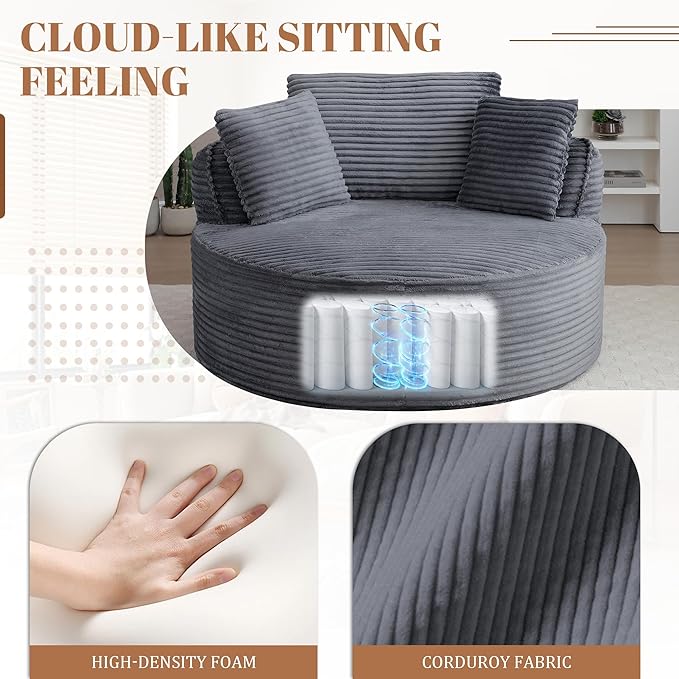 53W Oversized Round Chair Lounge Chaise Indoor Corduroy Comfy Circle Reading Armchair Upholstered Modern Cloud Boneless Chairs Cozy Floor Sofa Chair for Living Room Bedroom Apartment(Grey)