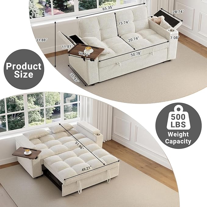 65'' 3-in-1 Sleeper Sofa Bed Convertible Loveseat with Pull-Out Couch USB &amp Type-C Ports Side Table Adjustable Backrest &amp Boucle Fabric Upholstery for Living Room &amp Office White