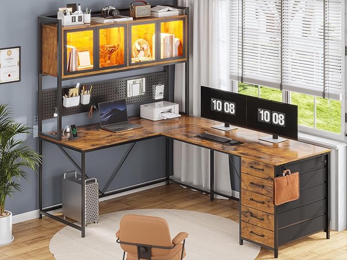 SEDETA L Shaped Gaming Desk with Drawers L Shaped Computer Desk with Hutch and Storage Shelves Gaming Desk with Pegboard Led Lights and Power Outlet Home Office Desk Corner Desk Rustic Brown