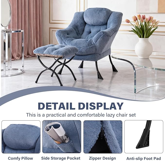 Lazy Chair with Ottoman Modern Accent Chair Contemporary Lounge Leisure Sofa Chair with Armrests Reading Chair and Folding Footstool Set for Living Room Bedroom Office Velvet Black