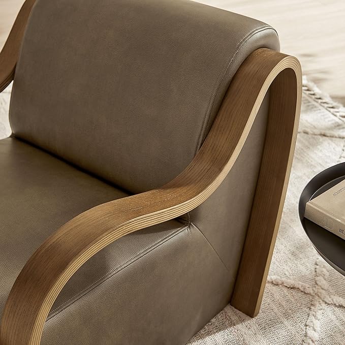Modway Atrium Vegan Leather Upholstered Lounge Chair in Mushroom with Sculptural Bentwood Arms – Mid-Century Modern Accent Armchair for Living Room or Bedroom