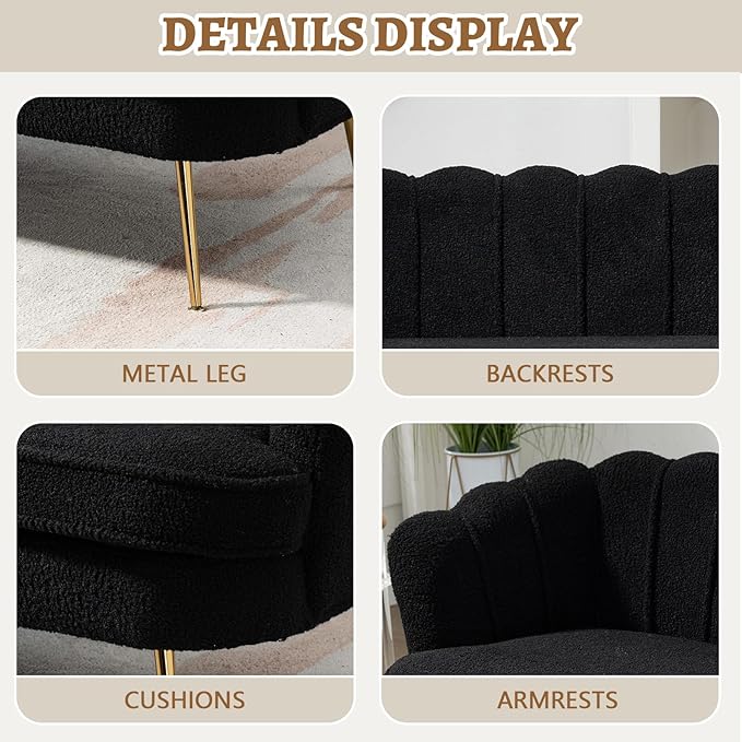 59 Small Loveseat Sofa 2-Seater Modern Chenille Couch with Gold Metal Legs &amp Floral Backrest Compact Apartment Sofa for Living Room Bedroom Office Dorm (Boucle Black)