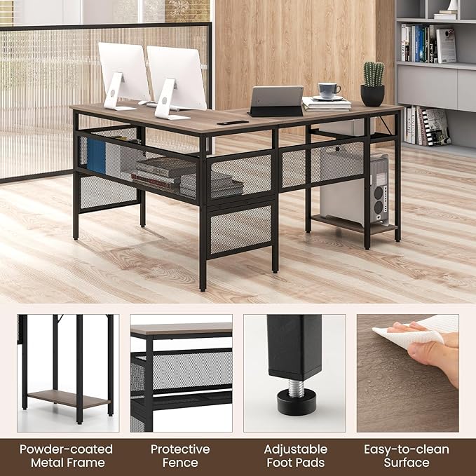 Tangkula Reversible L-Shaped Computer Desk with Charging Station &amp Shelves Large Corner Gaming Desk with Adjustable Shelf &amp CPU Stand Modern Study Writing Desk Home Office PC Workstation (Gr