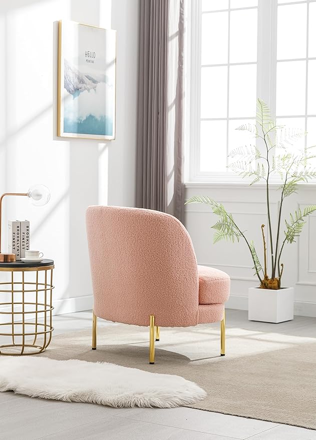 28.4 W Accent Chair Upholstered Curved Backrest Reading Chair Single Sofa Leisure Club Chair with Golden Adjustable Legs for Living Room Bedroom Dorm Room (Pink Boucle)