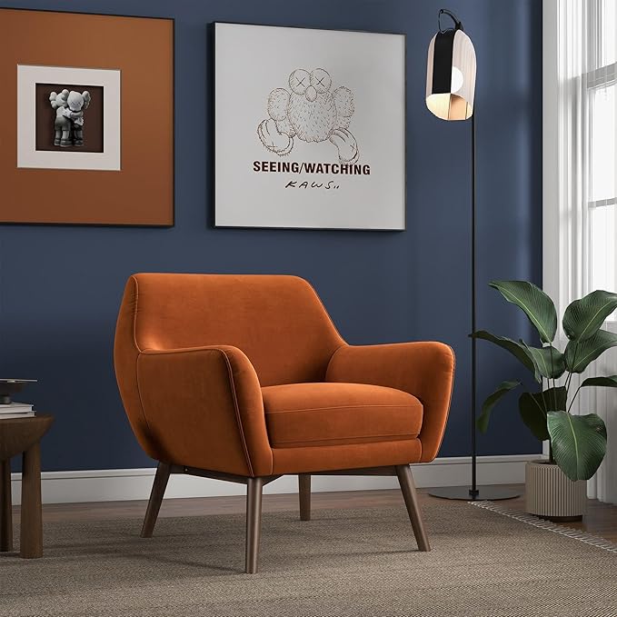GDFStudio Mid-Century Modern Comfy Accent Chair Upholstered Boucle Lounge Vanity Chair with Back &amp Solid Wood Legs Armchair Sofa Chair for Bedroom Living Room Makeup Burnt Orange &amp Brown