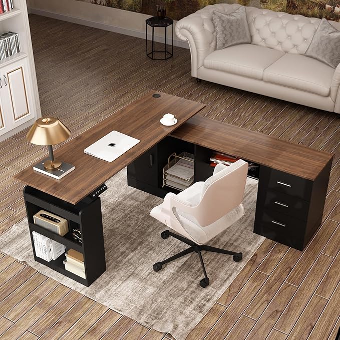 Homsee Home Office L Shaped Electric Standing Desk with Drawers and Shelves Height Adjustable Stand up Desk 63 Computer Executive Corner Table Walnut &amp Black