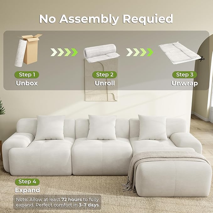 LIKIMIO 118 Modular Sectional Sofa with Ottoman L-Shaped Boneless Couch with Deep Seat for Living Room No Assembly Required Corduroy Upholstery Beige