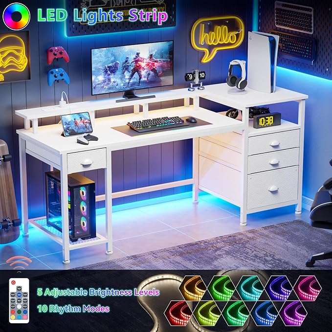 Furologee 60 White Office Computer Desk with 4 DrawersGaming Desk with LED Lights and Power OutletsLong Desk with Fabric File CabinetStudy Writing Work Table with Shelf for Bedroom Home Office
