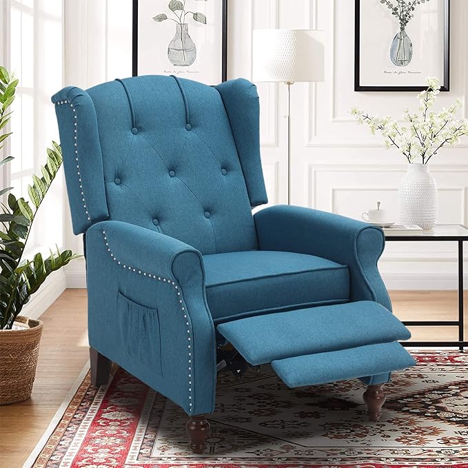 Wingback Recliner Chair with Massage and Heat Tufted Fabric Push Back Recliner Chair for Living Room Vintage Wingback Chair with Remote Control Padded Cushion Backrest Wooden Legs