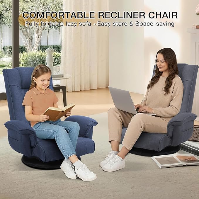 Linen Fabric Ergonomic Gaming Chair 6-Position Reclining Sofa Bed with Lumbar Support Foldable Floor Lounger with Thick Cushion Armrests &amp Side Pockets for Esports Reading Napping (Blue)