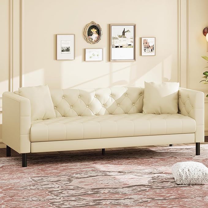 GarveeHome 81 in Leather Couch for Living Room Modern Sofa Couch with Deep Seat and 2 Pillows Handmade Button Tufted 3 Seater Sofa Leather Sofa for Apartment Office Beige