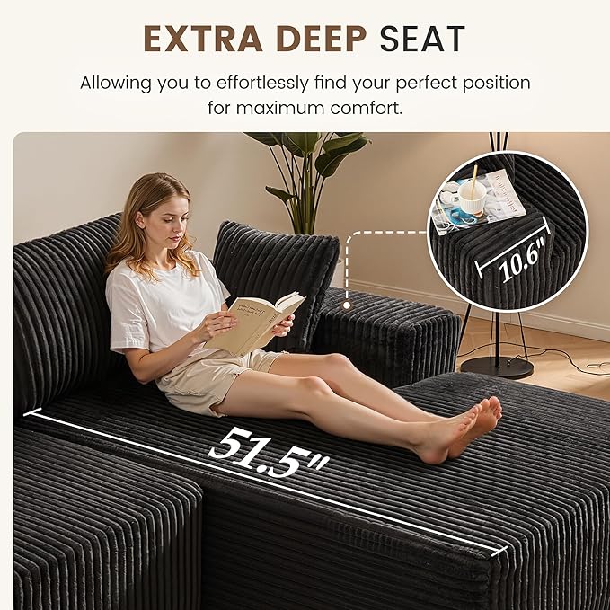 Apicizon 113 Boneless Sectional Couch for Living Room L Shaped Sectional Sofa Couch with Left Chaise Longue Modular Sleeper Sofa for ApartmentNo Assembly Required (Stripe Corduroy Black)