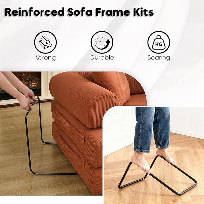79 Inch Convertible Sleeper Sofa Bed 5 in-1 Boneless Floor Couch Bed with Fixed-Shape Frame Modular Floor Sofa Futon Couch for Living Room RV Studio Bedroom Small Spaces Orange
