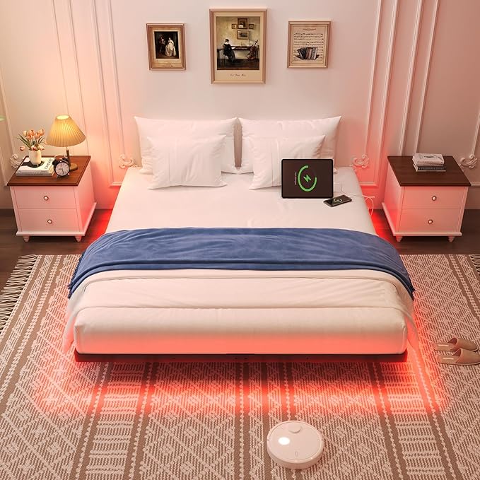 Floating Bed Frame Full Size with Smart LED Lights and Charging Station Heavy Duty Modern Metal Platform Bed No Box Spring Needed - Easy Assembly and Noise Free