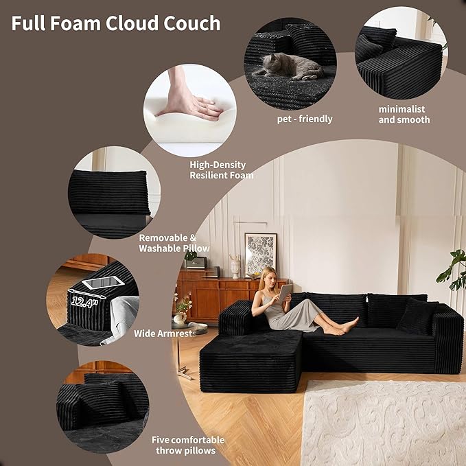 110” No Assembly Compression Boneless in a Box Cloud Sectional Couches for Living Room L-Shape Couch Compressed Sofa Modern Modular Plush Corduroy Reclining Comfy Fluffy Memory Foam Furniture Black
