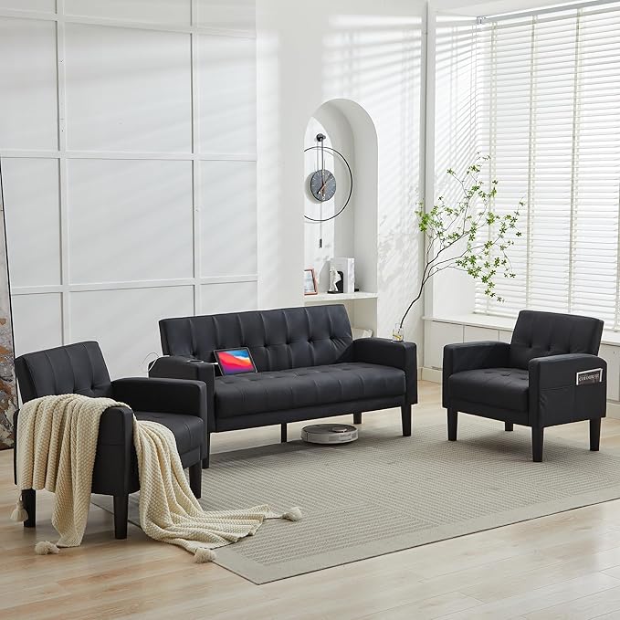 TYBOATLE Sofa Couch 62 W Loveseat w/ 2 USB Charger Ports &amp 2 Cupholders Mid-Century Modern Tufted Small Love Seat Couches for Office Living RoomBedroomApartmentDorm (3 Black)
