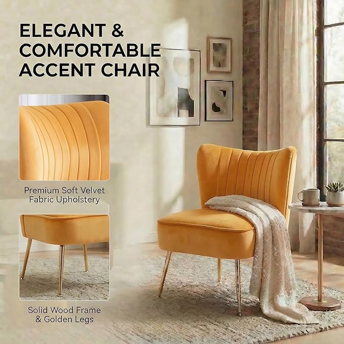 DUOMAY Modern Accent Chair Set of 2 Velvet Slipper Chair with Gold Legs Wingback Side Chair for Living Room Bedroom Entryway Small Corner Chair for Space Saving Yellow