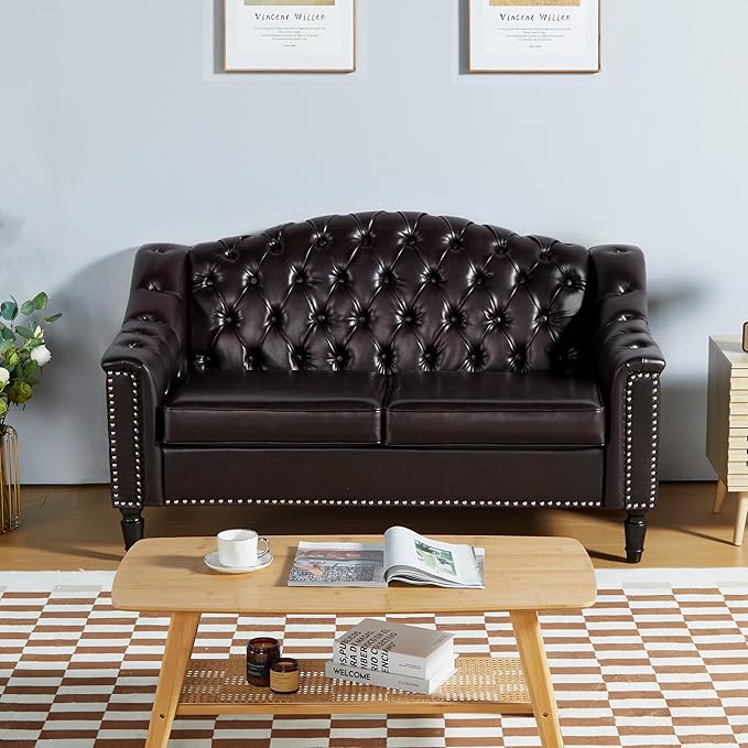 AVZEAR Chesterfield Loveseat Sofa Mid-Century Modern Upholstered PU Sofa 2 Seater Couch with Nailhead Trim and Button Tufted for Living Room Office Bedroom Brown