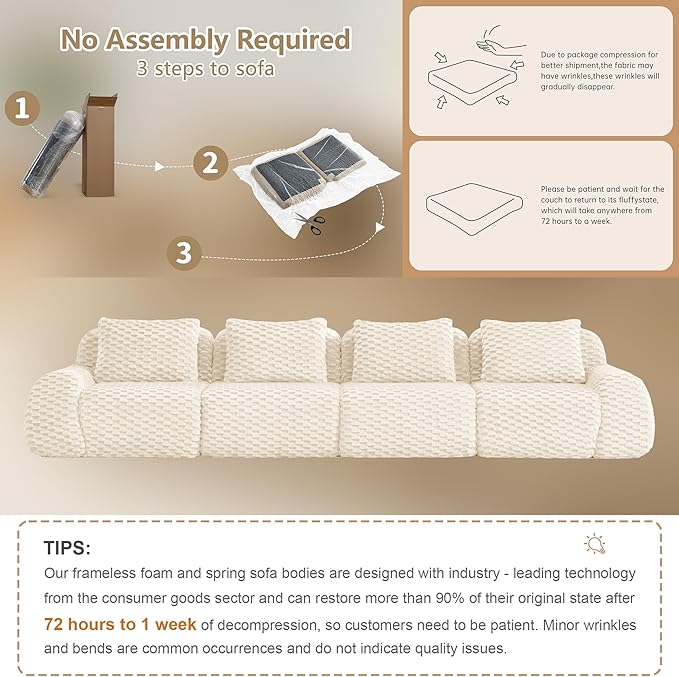 Cloud Sectional Couches for Living Room Boneless Couch Modular Sectional Sofa Modern Deep Seat Sofa with Pillows 4 Seater Comfy Floor Couch for Bedroom No Assembly RequiredWhite