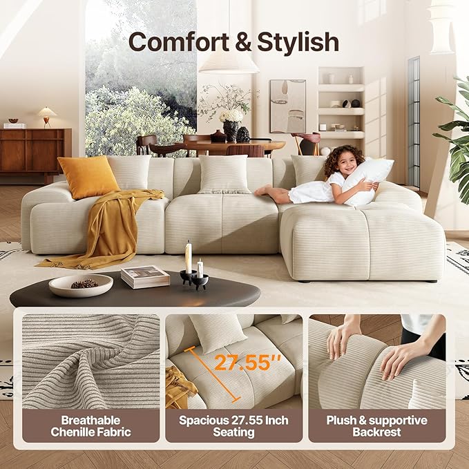 113 Modern L-Shaped Modular Sectional Sofa for Living Room Corduroy Upholstery Beige 3-Seater Cloud Couchand Movable Ottoman – No Assembly Beige