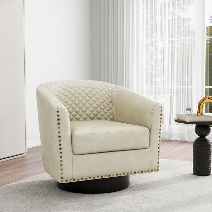 Swivel Barrel Accent Chair Comfy Modern Upholstered Round Faux Leather Arm Chair for Living Room Bedroom（Beige Set of 2