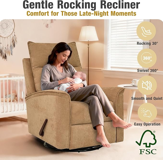 Swivel Rocker Recliner Chair for Adults Rocking Chair Small Swivel Recliner for Small Spaces Living Room Bedroom RV(Khaki)