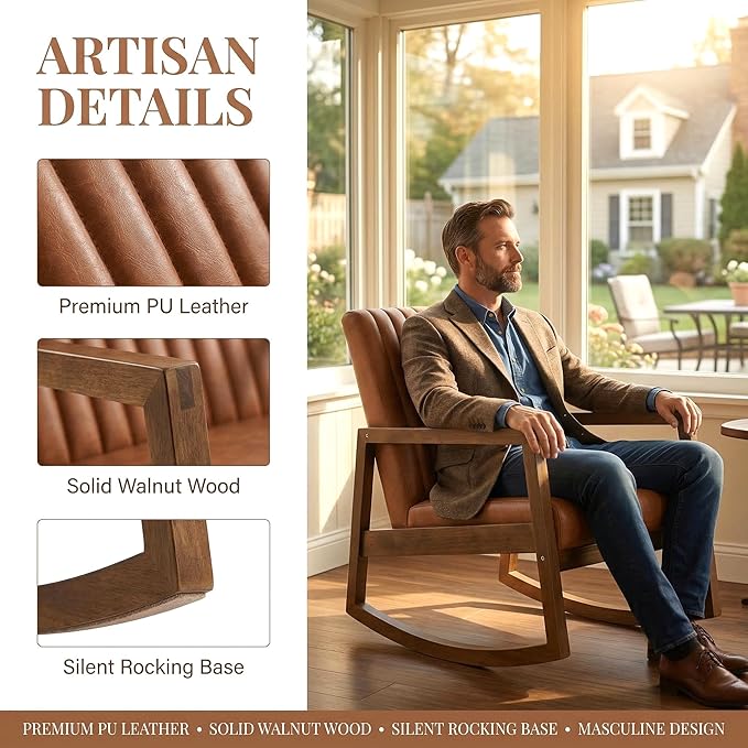 VESCASA Upholstered Faux Leather Rocking Chairs with Channel-Tufted Back Mid-Century Modern Comfy Rockers with Black Walnut Wood Frame for Nursery Living Bedroom Indoor Set of 2 Burnt Orange