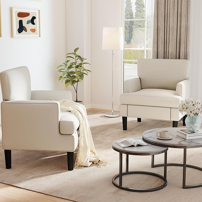 Kromax Accent Chair for Living Room Set of 2 No Screws Assembly Required Mid-Century Reading Chair for Bedroom Comfy Upholstered Armchair with Sturdy Legs Single Sofa Chair for Apartment Beige