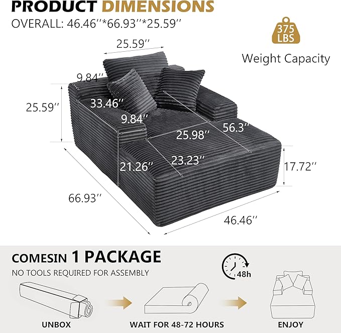 66 Oversized Chaise Lounge Chair Indoor Corduroy Upholstered Sofa Bed with Pocket Springs&ampHigh-Density Foam Deep Seat Sleeper Couch with 3 Pillows No Assembly for Living Room (Dark Grey)