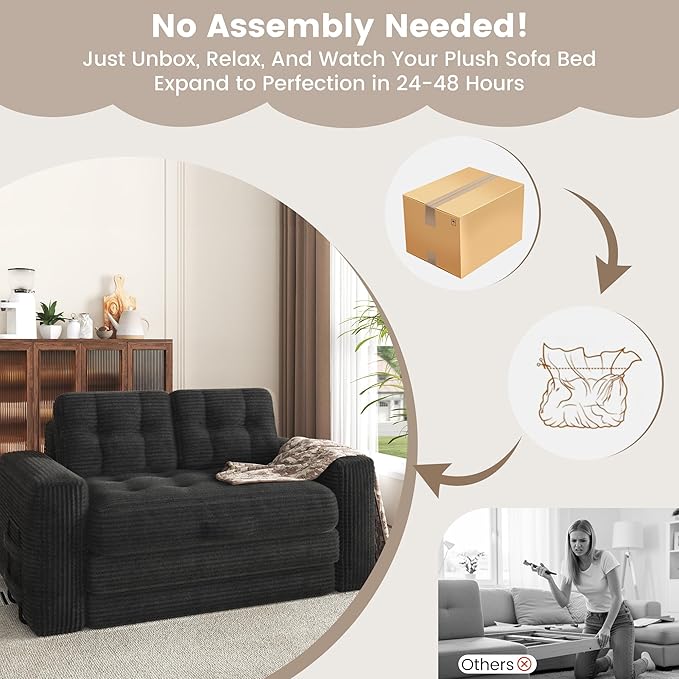 Convertible Sofa Bed 2 in 1 Boneless Couch Bed with 2 Pillows Corduroy Pull out Couch Folding Sofa Bed with Deep Seat Small Loveseat Sleeper Sofa Bed in a Box for Small Spaces No Assembly Required