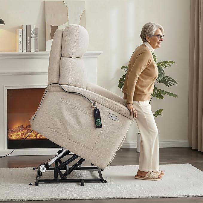 MCombo Power Lift Recliner Chair with Massage and Dual Heating Adjustable Headrest Extended Footrest for Elderly People Fabric R7605 (Beige)