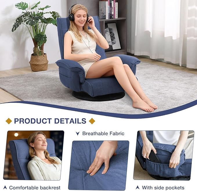 Linen Fabric Ergonomic Gaming Chair 6-Position Reclining Sofa Bed with Lumbar Support Foldable Floor Lounger with Thick Cushion Armrests &amp Side Pockets for Esports Reading Napping (Blue)