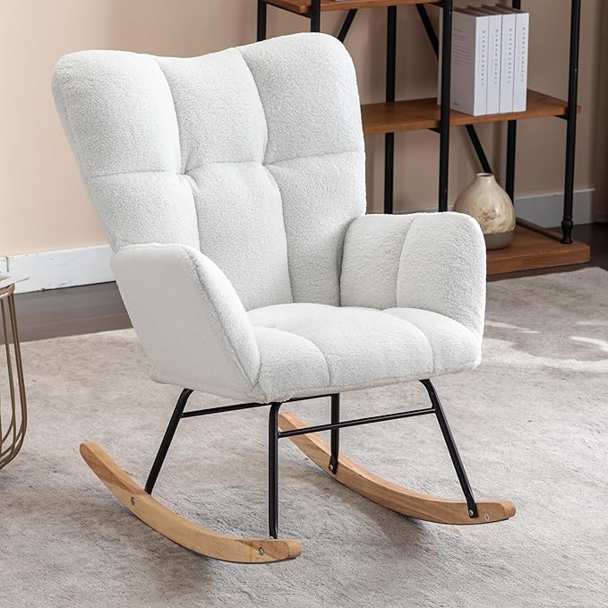 Setawix Teddy Fabric Rocking Accent ChairMid Century Modern Rocking Glider ArmchairLeisure Tufted Rocker Arm Chair for NurseryBedroomLiving Room (Teddy Ivory 27.6)