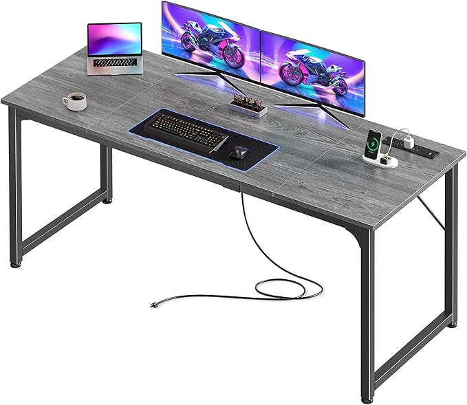 PRAISUN 63 X 24 Inch Office Computer Desk with Power Outlets and USB-C Port Larger and Longer Gaming Desk for Home Office Study Writing Work from Home Table Metal Frame Grey