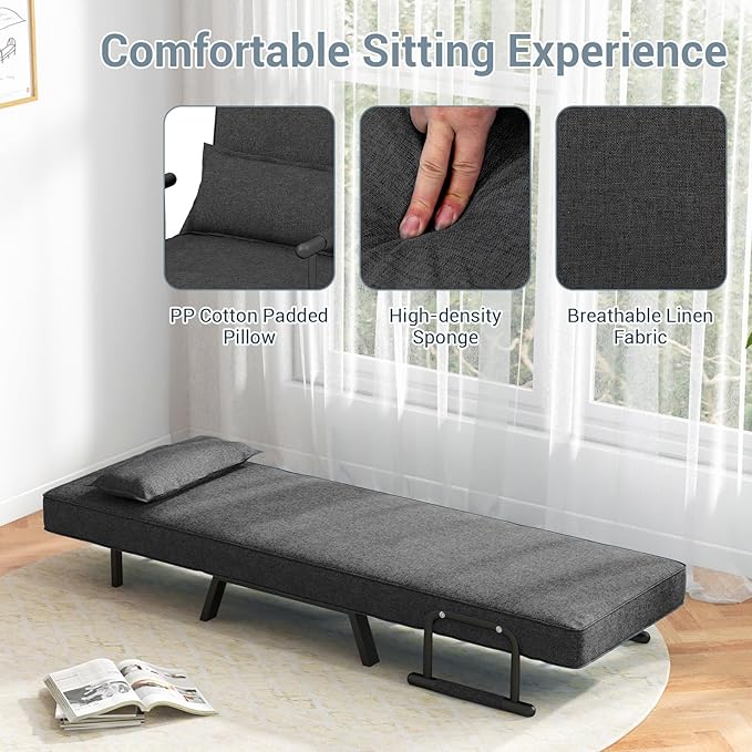 POWERSTONE Convertible Sleeper Chair Bed 4 in 1 Living Room Reading Chair with Pillow Wide Cushion Arm and Adjustable 5 Position Backrest Single Sofa Bed Dark Grey