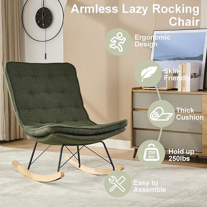 Lazy Rocking ChairComfortable Lounge Chair with Wide Backrest and Seat Wood Base Upholstered Armless Rocker Chair for Living Room BalconyBedroom and Patio Porch. (Dark Green)