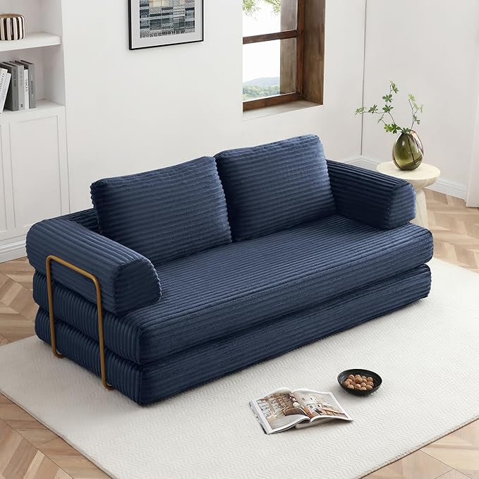 Convertible Sleeper Sofa Bed 79.5 Folding Floor Sofa Mattress Couch with Pillows Corduroy Futon Boneless Couch Lounge Loveseat with Pull Out Bed Blue