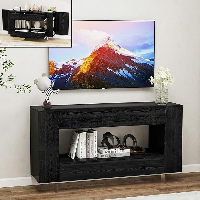 TV Stand for 55 Inch with 2 Large Drawers &amp Hidden Storage Cabinets Modern Farmhouse Entertainment Center Television Stands for Living Room Bedroom Black Wood Grain