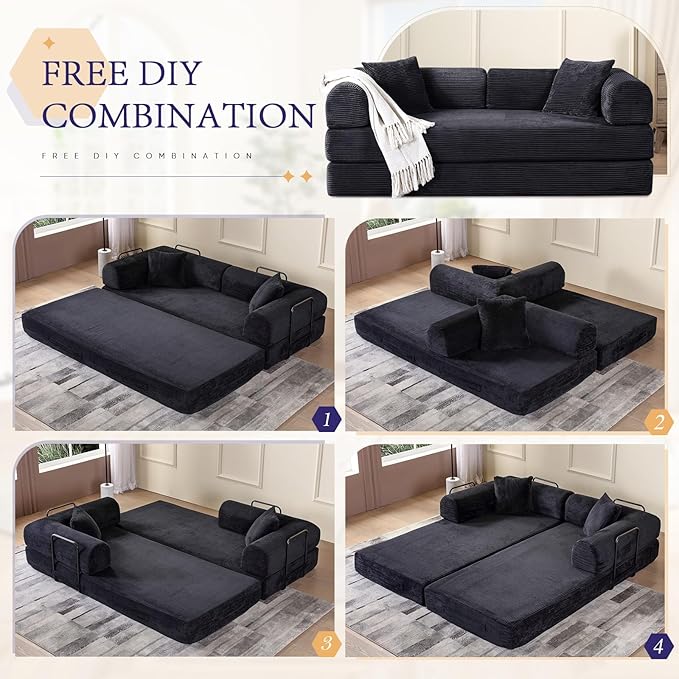 Convertible Folding Sofa Bed Corduroy Sleeper Mattress Couch with Fixed-Shape Frame Free Combination Loveseat Lounge Floor Sofa Queen Size Memory Foam Couch for Living Room Bedroom Black